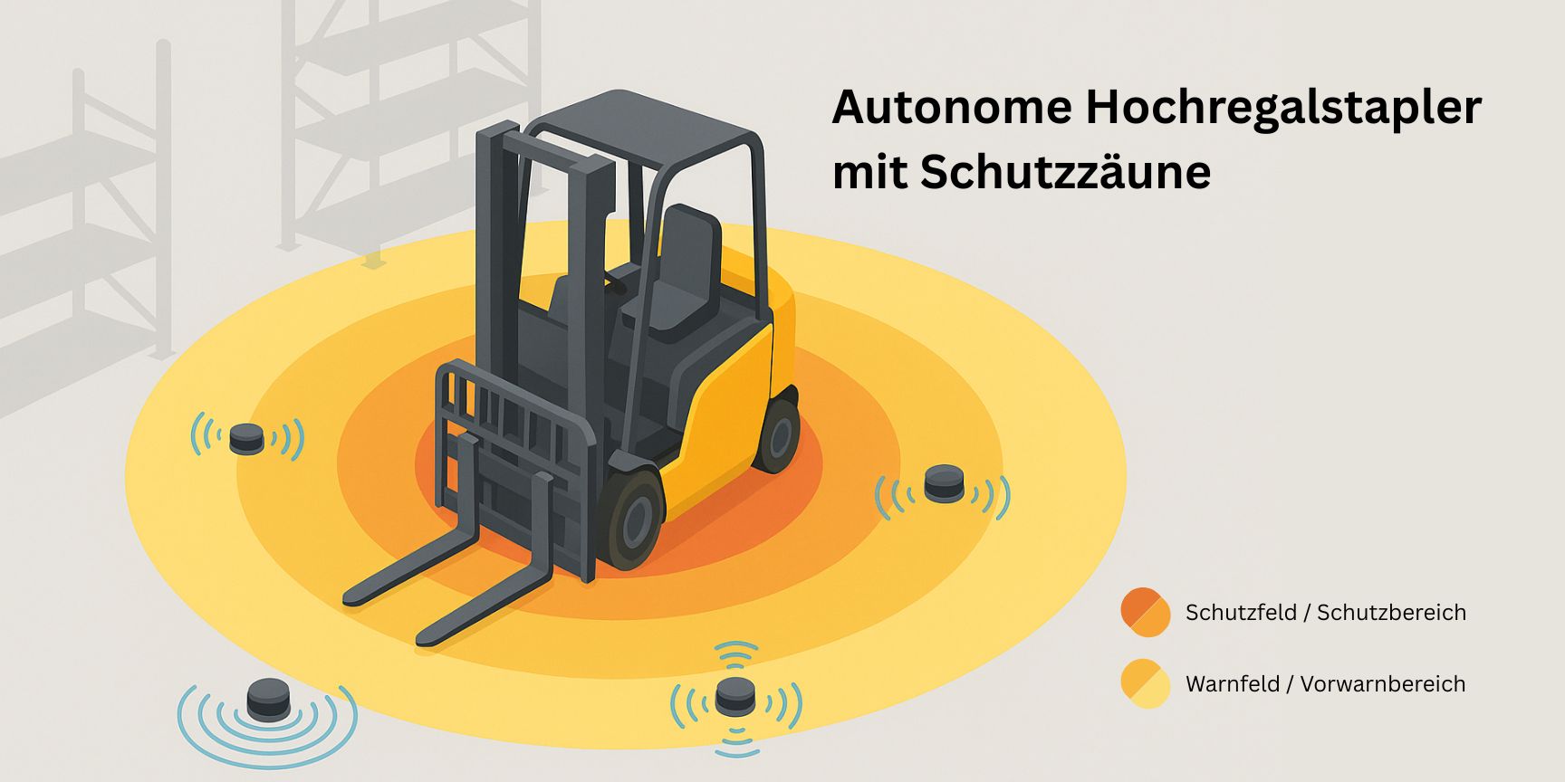 3D-Skizze eines autonomen Hochregalstaplers mit dynamisch geschichteten 360-Grad-Sicherheitszonen in Rot, Orange und Gelb, die Schutz-, Warn- und Überwachungsfelder für eine sichere Mensch-Maschine-Kollaboration in einem Lager darstellen.